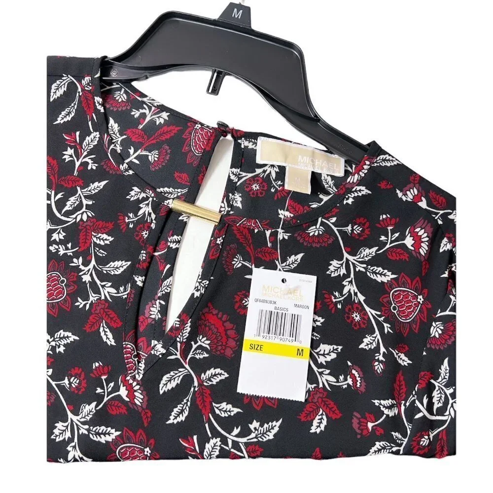 Michael Kors Womens Black Floral Long Bell Sleeve Peasant Blouse Sz M New